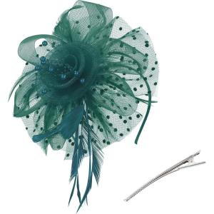 imageZando Fascinators for Women Tea Party Hat Kentucky Derby Hats Flower Mesh Feathers Headband Headwear Hair Clip for GirlsDark Green
