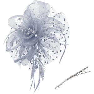 imageZando Fascinators for Women Tea Party Hat Kentucky Derby Hats Flower Mesh Feathers Headband Headwear Hair Clip for GirlsGrey