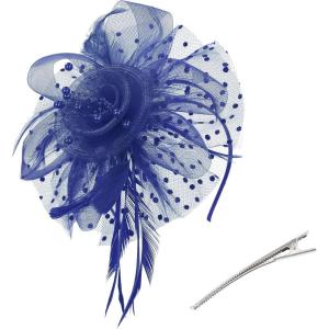imageZando Fascinators for Women Tea Party Hat Kentucky Derby Hats Flower Mesh Feathers Headband Headwear Hair Clip for GirlsNavy Blue
