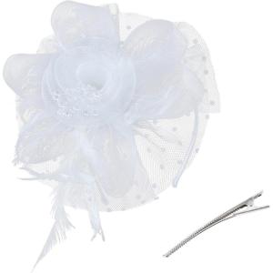 imageZando Fascinators for Women Tea Party Hat Kentucky Derby Hats Flower Mesh Feathers Headband Headwear Hair Clip for GirlsWhite