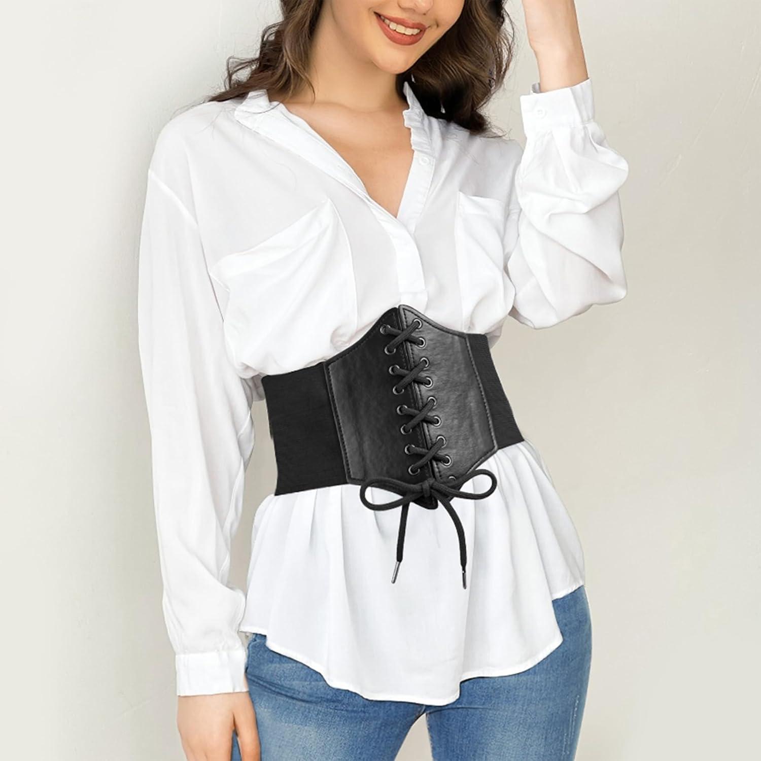 imageZando Lace up Pirate Corset Belt for Women Vintage Renaissance Waist Belt Elastic Belt for Daily Cosplay Halloween CostumeBlack