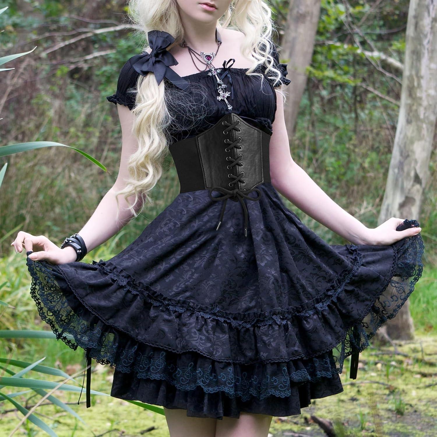 imageZando Lace up Pirate Corset Belt for Women Vintage Renaissance Waist Belt Elastic Belt for Daily Cosplay Halloween CostumeBrown