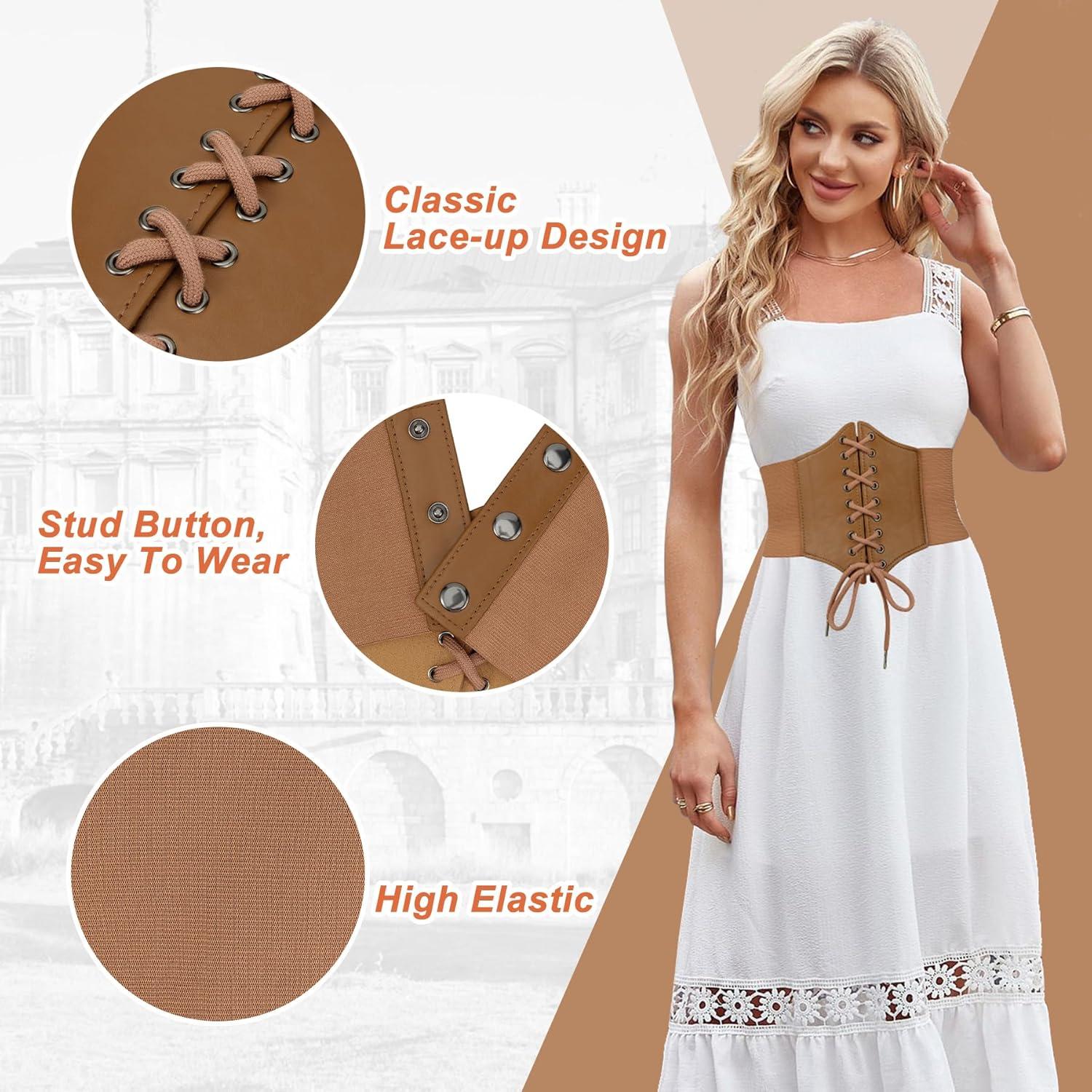 imageZando Lace up Pirate Corset Belt for Women Vintage Renaissance Waist Belt Elastic Belt for Daily Cosplay Halloween CostumeBrown