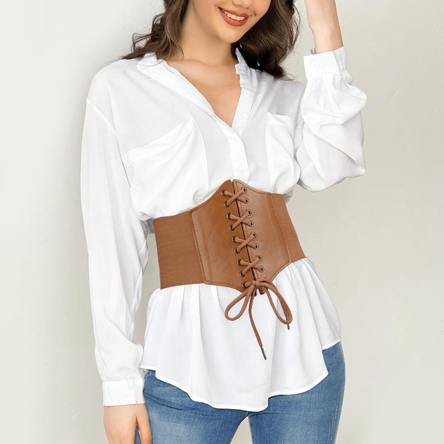imageZando Lace up Pirate Corset Belt for Women Vintage Renaissance Waist Belt Elastic Belt for Daily Cosplay Halloween CostumeBrown