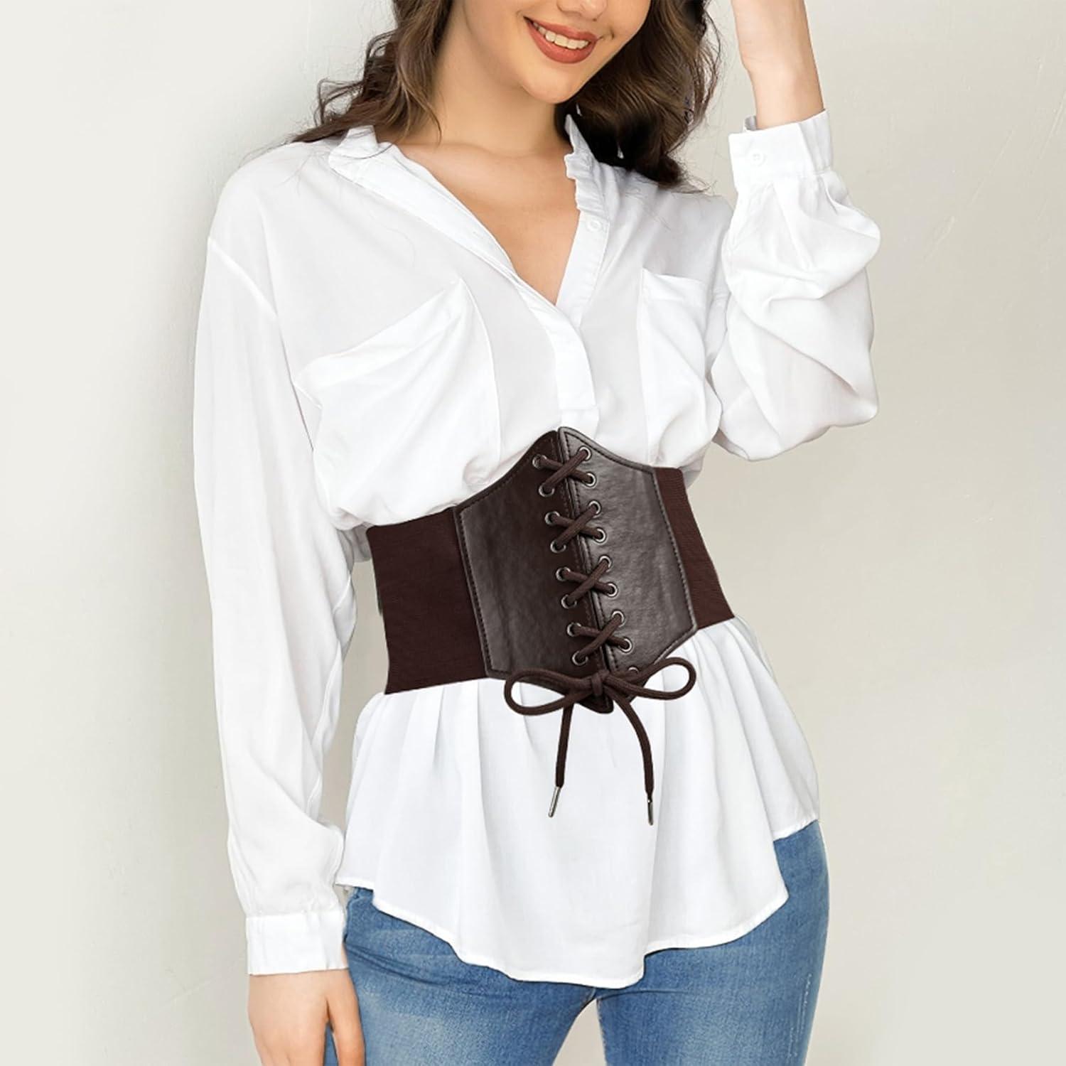 imageZando Lace up Pirate Corset Belt for Women Vintage Renaissance Waist Belt Elastic Belt for Daily Cosplay Halloween CostumeCoffee