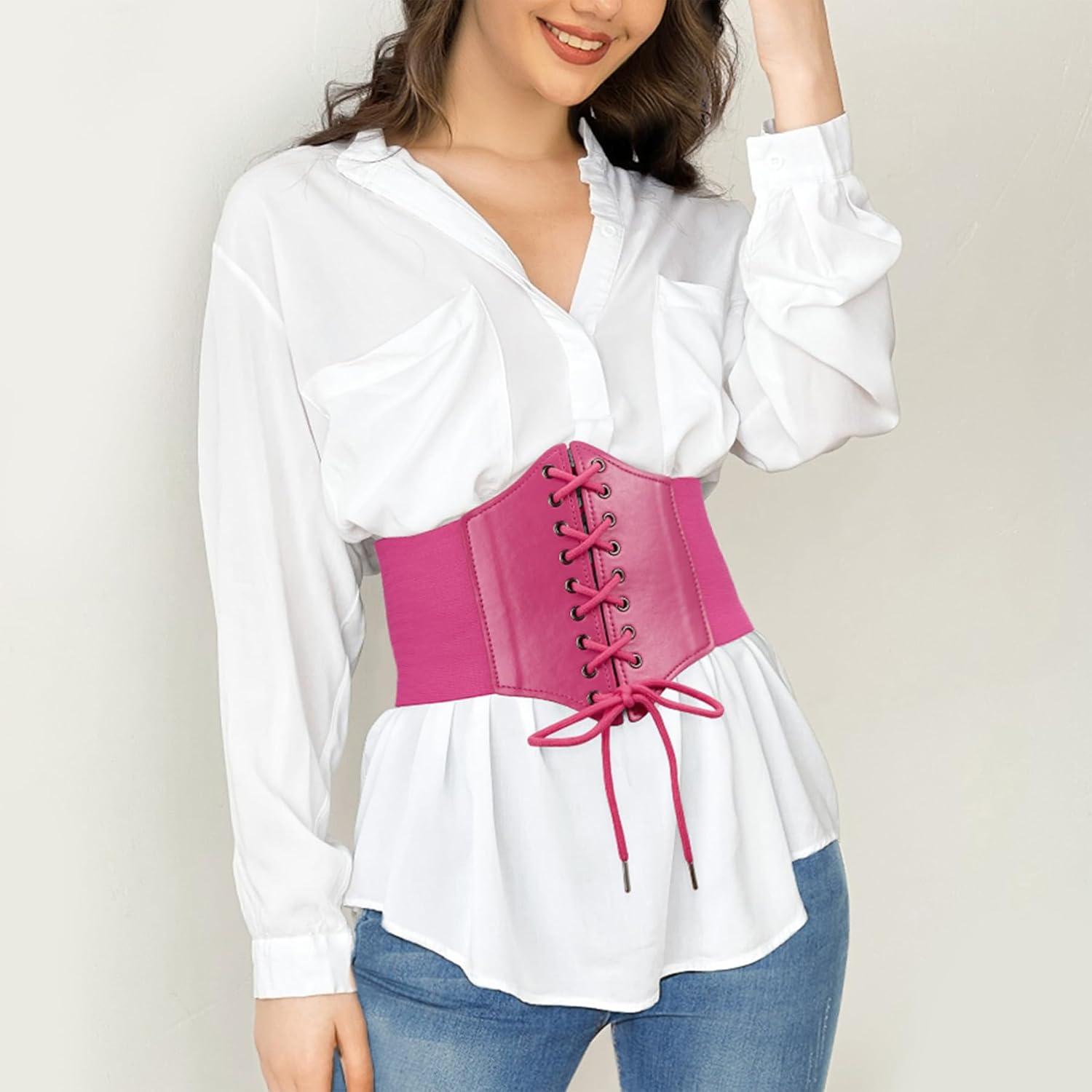 imageZando Lace up Pirate Corset Belt for Women Vintage Renaissance Waist Belt Elastic Belt for Daily Cosplay Halloween CostumeHot Pink