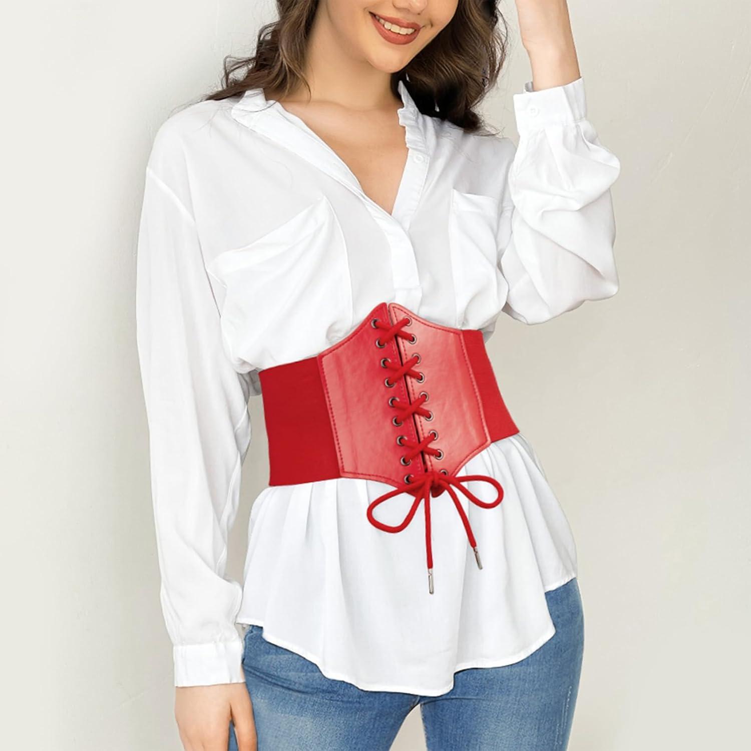 imageZando Lace up Pirate Corset Belt for Women Vintage Renaissance Waist Belt Elastic Belt for Daily Cosplay Halloween CostumeRed