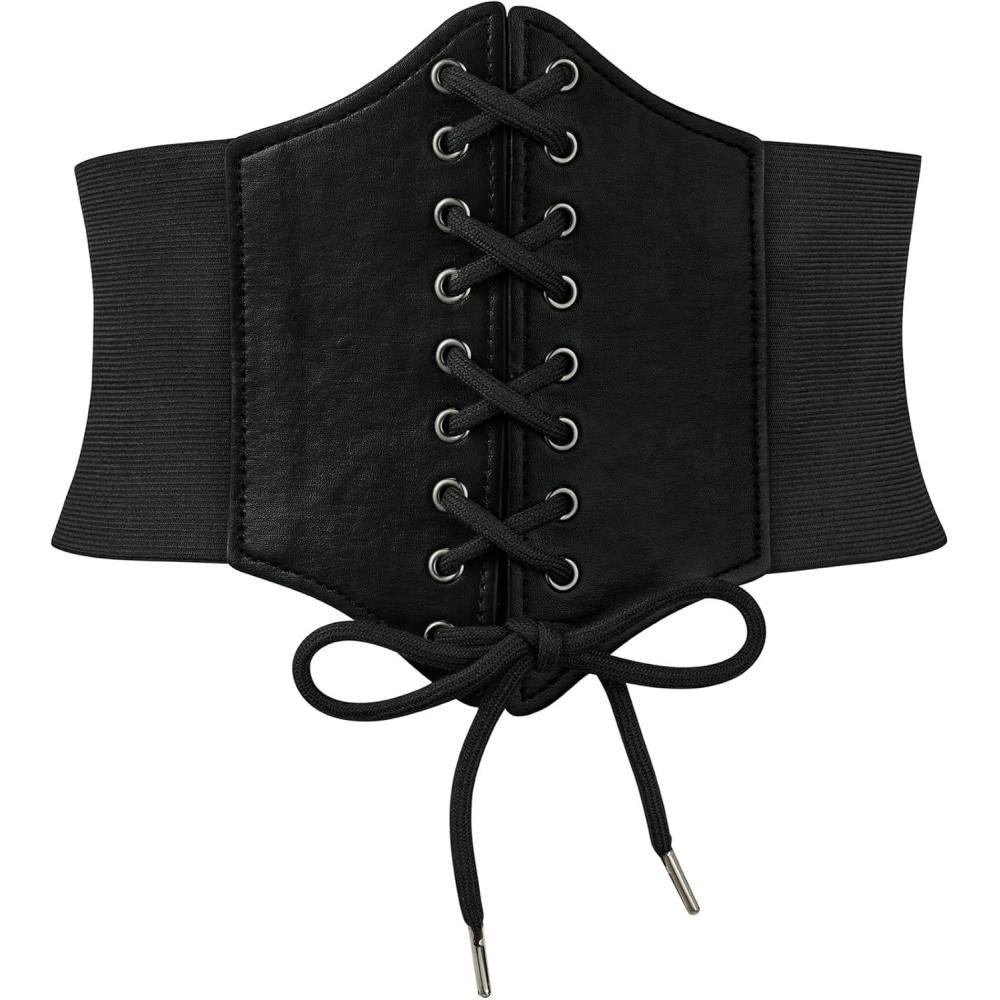 imageZando Lace up Pirate Corset Belt for Women Vintage Renaissance Waist Belt Elastic Belt for Daily Cosplay Halloween CostumeBlack