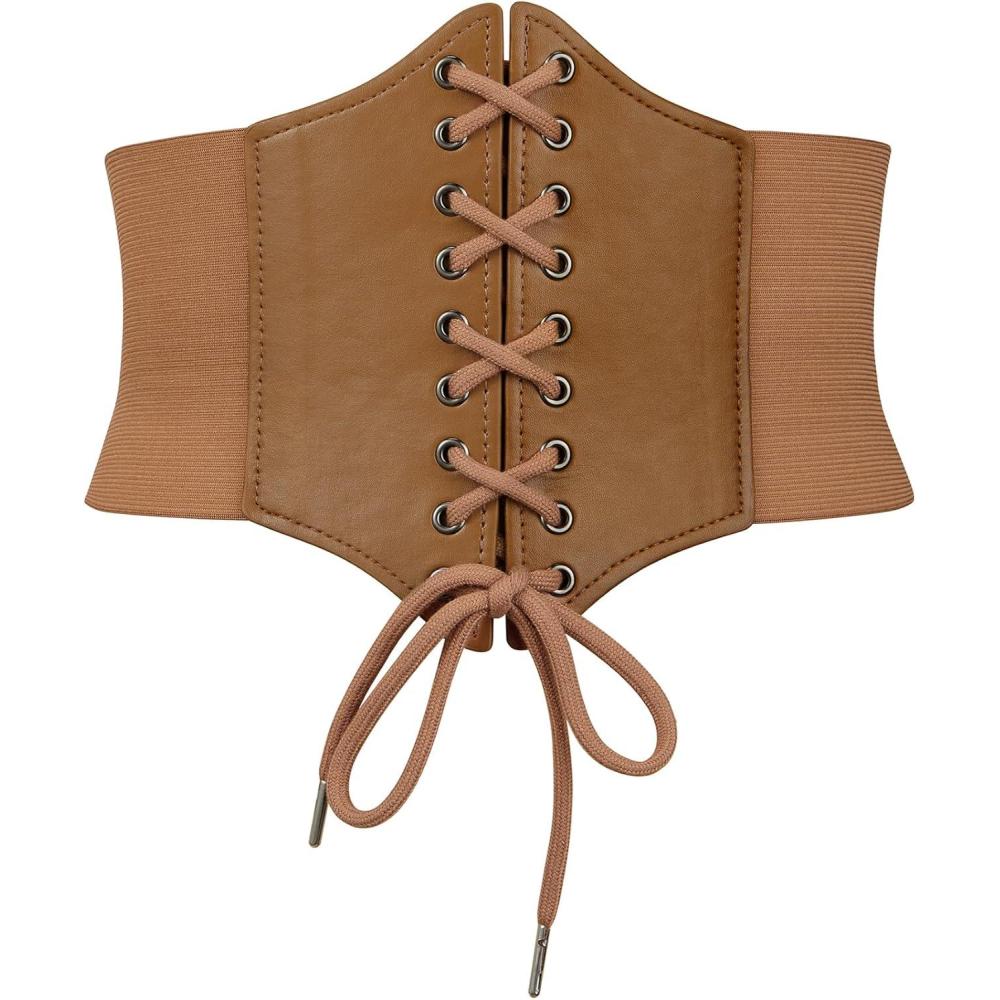 imageZando Lace up Pirate Corset Belt for Women Vintage Renaissance Waist Belt Elastic Belt for Daily Cosplay Halloween CostumeBrown