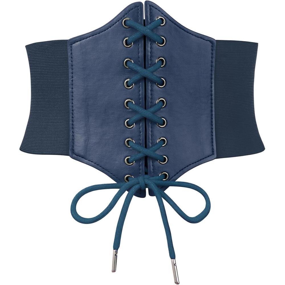 imageZando Lace up Pirate Corset Belt for Women Vintage Renaissance Waist Belt Elastic Belt for Daily Cosplay Halloween CostumeDark Blue