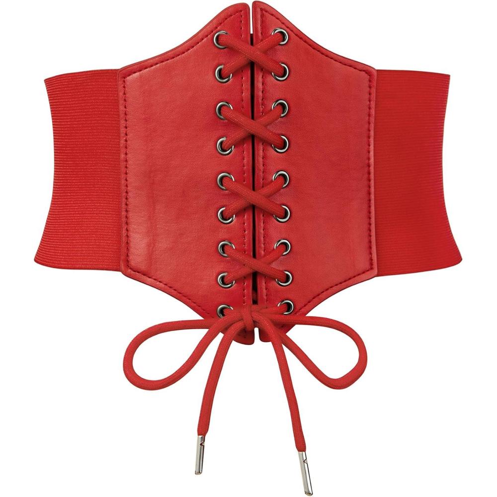 imageZando Lace up Pirate Corset Belt for Women Vintage Renaissance Waist Belt Elastic Belt for Daily Cosplay Halloween CostumeRed