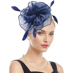 imageZando Fascinators Hats for Women Tea Party Hat Ribbons Feathers Kentucky Derby Hat Headband 20s Cocktail Headpiece Hair ClipFloral Navy