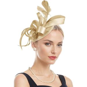 imageZando Fascinators Hats for Women Tea Party Hat Ribbons Feathers Kentucky Derby Hat Headband 20s Cocktail Headpiece Hair ClipRibbon Gold