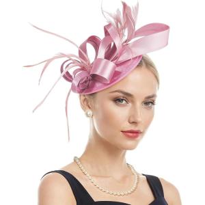 imageZando Fascinators Hats for Women Tea Party Hat Ribbons Feathers Kentucky Derby Hat Headband 20s Cocktail Headpiece Hair ClipRibbon Pink