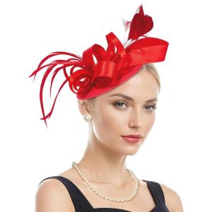 imageZando Fascinators Hats for Women Tea Party Hat Ribbons Feathers Kentucky Derby Hat Headband 20s Cocktail Headpiece Hair ClipRibbon Red