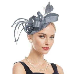 imageZando Fascinators Hats for Women Tea Party Hat Ribbons Feathers Kentucky Derby Hat Headband 20s Cocktail Headpiece Hair ClipRibbon Silver Gray