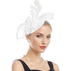 imageZando Fascinators Hats for Women Tea Party Hat Ribbons Feathers Kentucky Derby Hat Headband 20s Cocktail Headpiece Hair ClipRibbon White