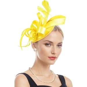 imageZando Fascinators Hats for Women Tea Party Hat Ribbons Feathers Kentucky Derby Hat Headband 20s Cocktail Headpiece Hair ClipRibbon Yellow