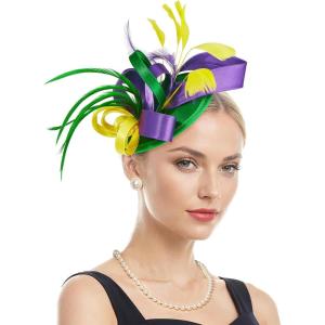 imageZando Fascinators Hats for Women Tea Party Hat Ribbons Feathers Kentucky Derby Hat Headband 20s Cocktail Headpiece Hair ClipRibbon Yellowgreenpurple