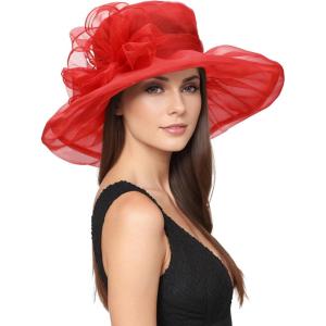 imageZando Kentucky Derby Hats for Women Church Hats for Women Organza Victorian Hat Fancy Tea Party Hats Wedding FascinatorRed
