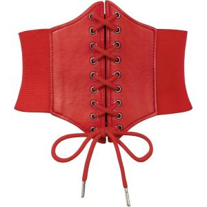 imageZando Lace up Pirate Corset Belt for Women Vintage Renaissance Waist Belt Elastic Belt for Daily Cosplay Halloween CostumeRed