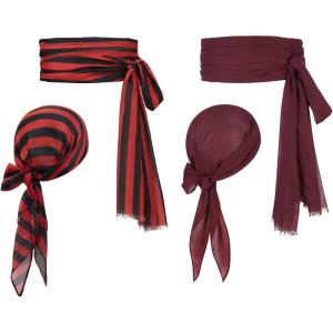 imageZando Pirate Halloween Costume Women Men Pirate Head Scarf Bandana Headband Hat Pirate Sash Belt Accessories for Cosplay02 Red and Black Stripe  Wine Red