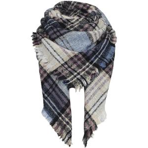 imageZando Plaid Blanket Thick Winter Scarf Tartan Chunky Wrap Oversized Shawl Cape ScarvesYy Blue Beige Stripe