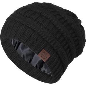 imageZando Unisex Satin Lined Beanie for Women Men Cute Winter Hats for Women Fashionable Skull Knit Hat Warm Beanies HatsA Black