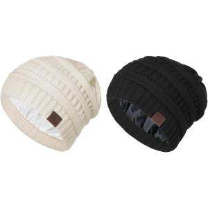 imageZando Unisex Satin Lined Beanie for Women Men Cute Winter Hats for Women Fashionable Skull Knit Hat Warm Beanies HatsBlack  Beige