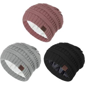 imageZando Unisex Satin Lined Beanie for Women Men Cute Winter Hats for Women Fashionable Skull Knit Hat Warm Beanies HatsBlack  Light Grey  Pink