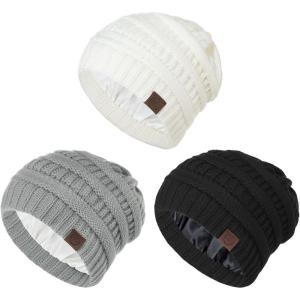 imageZando Unisex Satin Lined Beanie for Women Men Cute Winter Hats for Women Fashionable Skull Knit Hat Warm Beanies HatsBlack  Light Grey  White