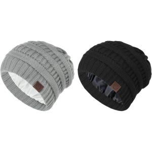 imageZando Unisex Satin Lined Beanie for Women Men Cute Winter Hats for Women Fashionable Skull Knit Hat Warm Beanies HatsBlack  Light Grey