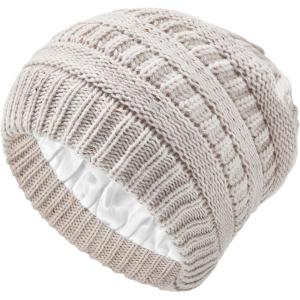 imageZando Unisex Satin Lined Beanie for Women Men Cute Winter Hats for Women Fashionable Skull Knit Hat Warm Beanies HatsGray White Yarn