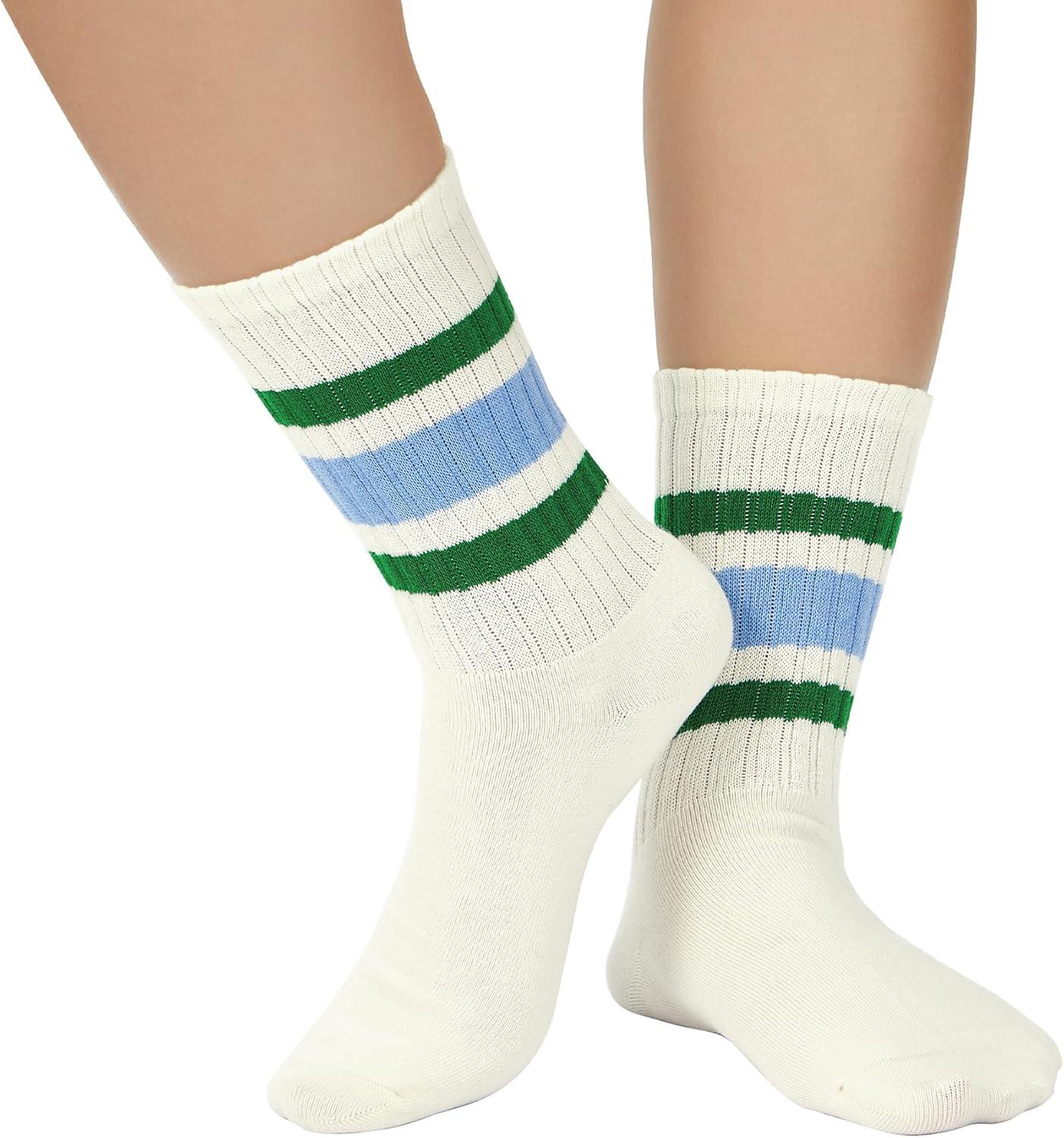 imageZando Socks for Women Striped Retro Crew Socks for Women Vintage Calf Socks Sporty Calf Socks Casual Cotton Womens SocksBlue Green