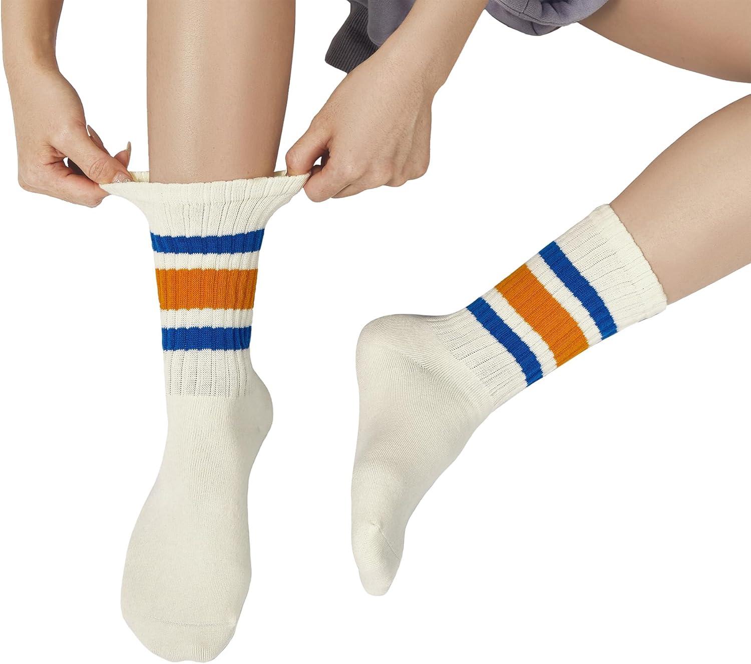 imageZando Socks for Women Striped Retro Crew Socks for Women Vintage Calf Socks Sporty Calf Socks Casual Cotton Womens SocksBlue Greenblue Orange