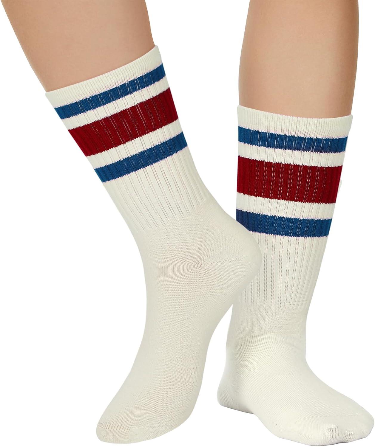imageZando Socks for Women Striped Retro Crew Socks for Women Vintage Calf Socks Sporty Calf Socks Casual Cotton Womens SocksBlue Red
