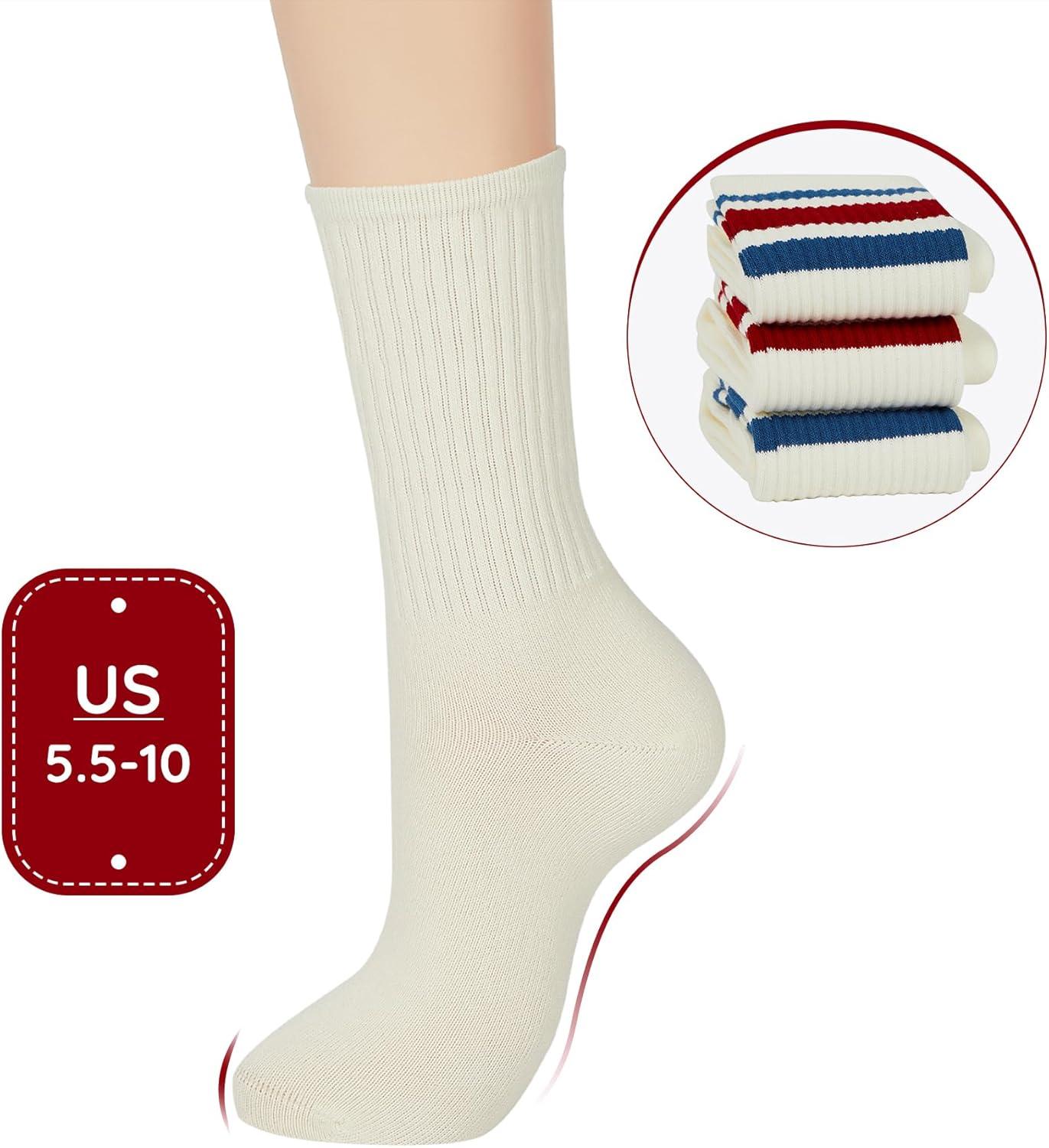 imageZando Socks for Women Striped Retro Crew Socks for Women Vintage Calf Socks Sporty Calf Socks Casual Cotton Womens SocksWhite