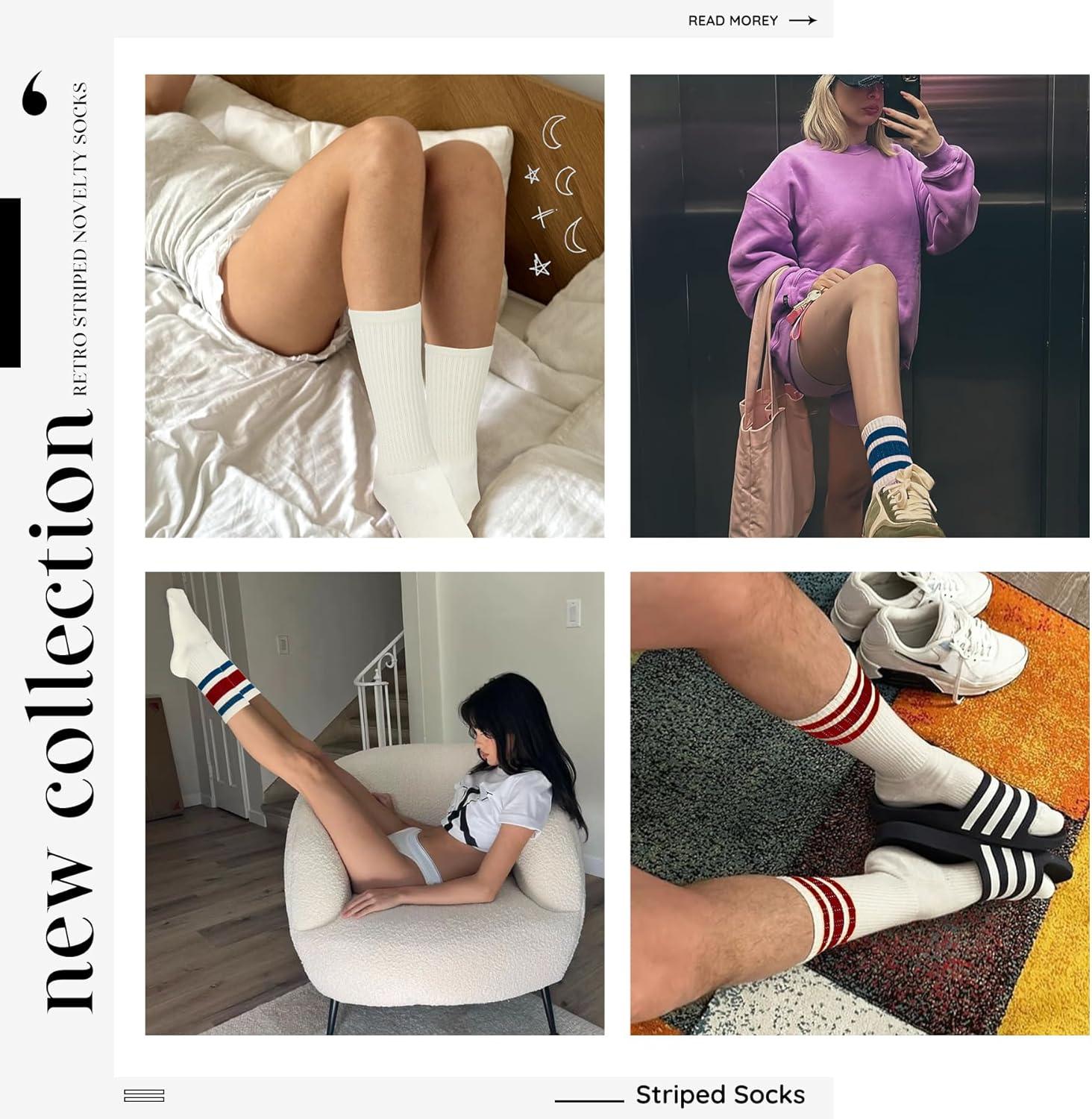 imageZando Socks for Women Striped Retro Crew Socks for Women Vintage Calf Socks Sporty Calf Socks Casual Cotton Womens SocksWhite