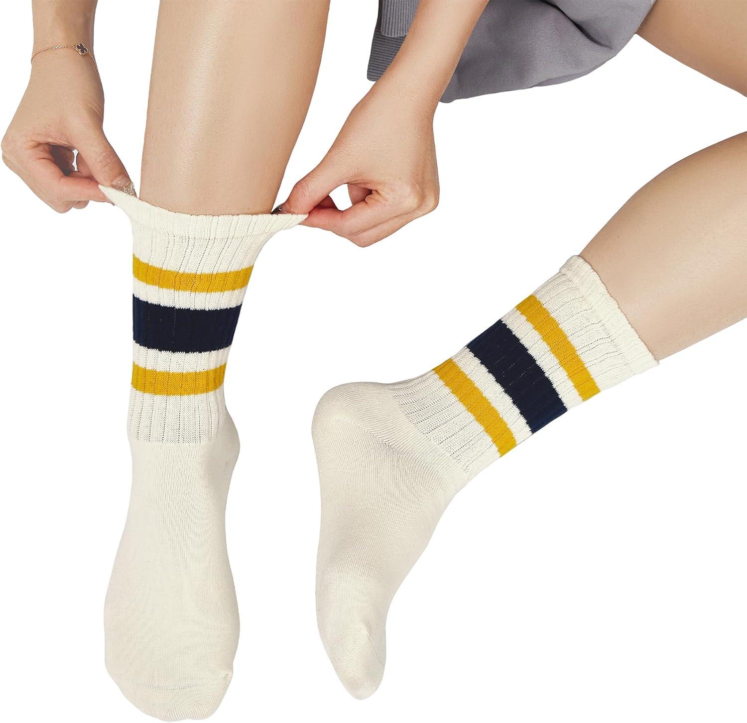 imageZando Socks for Women Striped Retro Crew Socks for Women Vintage Calf Socks Sporty Calf Socks Casual Cotton Womens SocksYellow Black