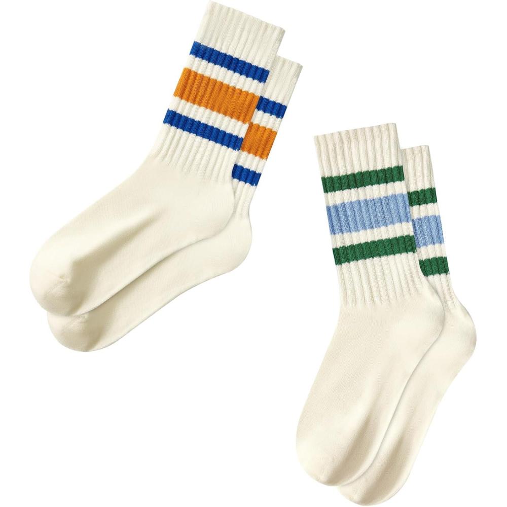imageZando Socks for Women Striped Retro Crew Socks for Women Vintage Calf Socks Sporty Calf Socks Casual Cotton Womens SocksBlue Greenblue Orange