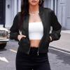 imageZando Bomber Jacket Women Lightweight Cropped Jacket Zip Up Casual Striped Jacket Trendy Outerwear Windbreaker with PocketsBlack