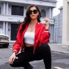 imageZando Bomber Jacket Women Lightweight Cropped Jacket Zip Up Casual Striped Jacket Trendy Outerwear Windbreaker with PocketsRed