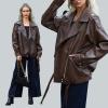 imageZando Leather Jacket Women Oversized Motorcycle Biker Jacket Women Outfits Clothes for Women Bomber Jacket Faux Fall FashionBrown