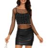 imageZando Womens Mesh Pearl Rhinestone Top Sexy See Through Y2K Long Sleeve Beaded Sheer Crop Top Cover Up Blouses TShirtBlack