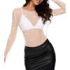 imageZando Womens Mesh Pearl Rhinestone Top Sexy See Through Y2K Long Sleeve Beaded Sheer Crop Top Cover Up Blouses TShirtWhite