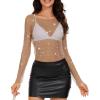 imageZando Womens Mesh Pearl Rhinestone Top Sexy See Through Y2K Long Sleeve Beaded Sheer Crop Top Cover Up Blouses TShirtCoffe