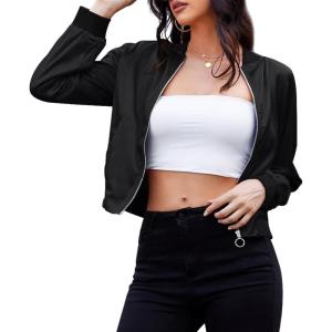 imageZando Bomber Jacket Women Lightweight Cropped Jacket Zip Up Casual Striped Jacket Trendy Outerwear Windbreaker with PocketsBlack