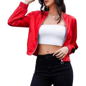 imageZando Bomber Jacket Women Lightweight Cropped Jacket Zip Up Casual Striped Jacket Trendy Outerwear Windbreaker with PocketsRed