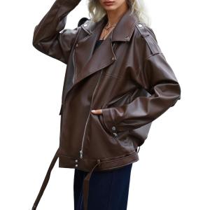 imageZando Leather Jacket Women Oversized Motorcycle Biker Jacket Women Outfits Clothes for Women Bomber Jacket Faux Fall FashionBrown