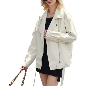 imageZando Leather Jacket Women Oversized Motorcycle Biker Jacket Women Outfits Clothes for Women Bomber Jacket Faux Fall FashionWhite